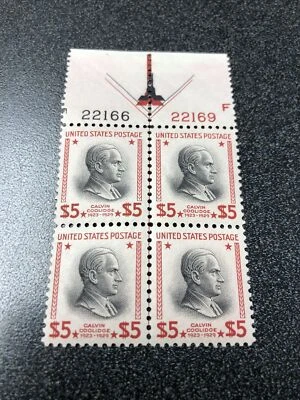 US 834 Calvin Coolidge $5 Plate Block Of 4 Superb Mint Never Hinged. - Image 1 of 4