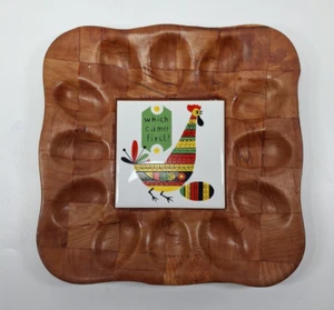 Devilled Egg Serving Tray Vintage Woven Wood & Ceramic Tile Which Came First? - Picture 1 of 15