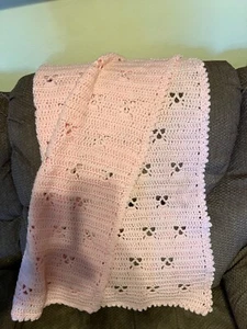 NEW! Lacy Pink Handmade Afghan CROCHET Blanket 39” x 46” Butterflies - Picture 1 of 4