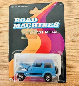 Vintage 1982 Road Machines Die Cast Metal Blue Jeep Wrangler CJ-7 1/64 On Card - Picture 1 of 5