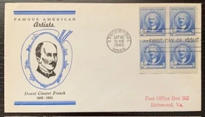 1940 FDC DANIEL CHESTER FRENCH STOCKBRIDGE MASSACHUSETTS SCOTT #887 BLOCK OF 4 - Picture 1 of 2