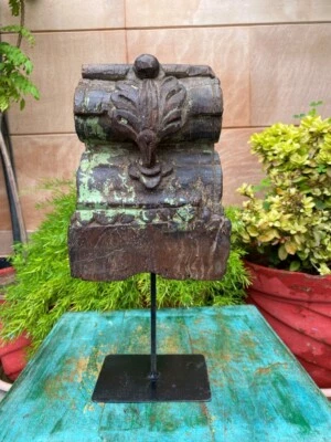 Antique Hand Carved Brown Floral Leaf Pattern Wooden Bracket With Stand  - Image 1 of 4