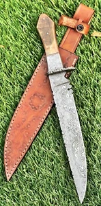 15” Damascus Steel Authentic Custom Handmade Hunting Knife Ram Horn Handle Sheat - Picture 1 of 3