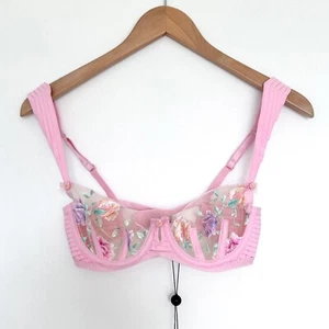 NEW For Love & Lemons Bra Size XS Pink Sheer Mesh Floral Embroidered Underwired - Picture 1 of 8