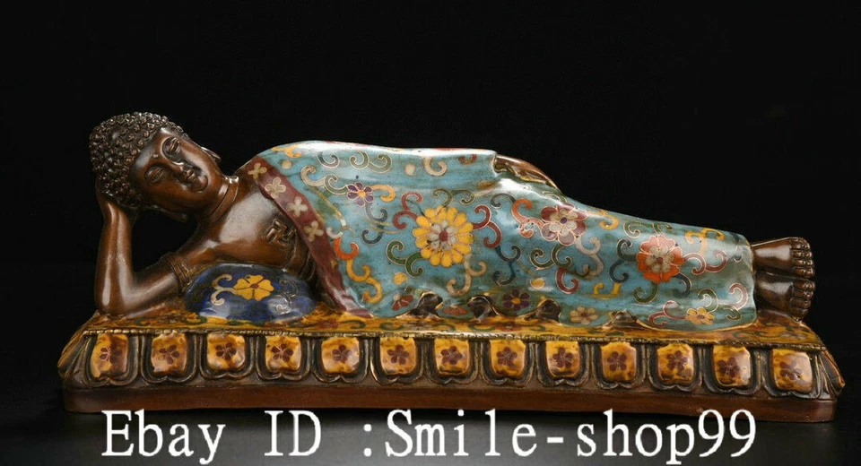 Estatua de Buda Durmiente Shakyamuni de bronce esmaltado Cloisonne de China antigua de 12,5" Foto 1 de 4