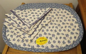 Vintage Textol Placemats Blue White Floral Set of 4 and 4 Napkins Cotton - Picture 1 of 5
