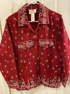 Quacker Factory Jacket Womens Small Red Paisley Beaded Denim Bandana Shirt Print - Picture 1 of 6