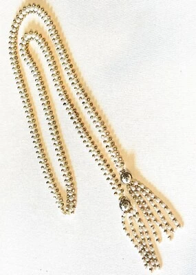 Vintage Simulated Ivory And Gold Pearl Long Scarf Necklace With Tassels 46” - Image 1 of 4