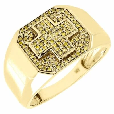 Yellow Diamond Fashion Pinky Ring Mens 10K Gold Round Cross Design 0.22 ct. - Image 1 of 4