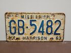 1963 Mississippi HARRISON License Plate Tag Original 