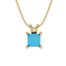 2.50ct Princess Turquoise Simulated Pendant Necklace 18" chain 14k Yellow Gold