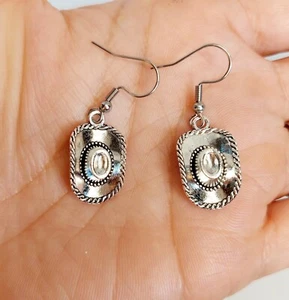 Big Cowboy Hat charm dangle earrings, stainless steel earring hooks, US seller - Picture 1 of 2