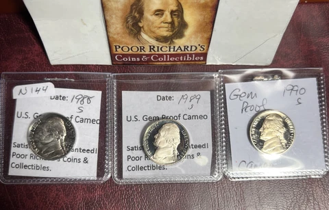 3 Different Jefferson Proof Nickels. As Pictured. 1988S, 89S, 90S. F/S! N144 Cover