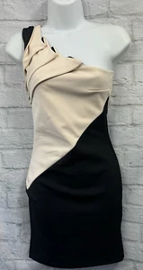 Miss Selfridge Black & Cream Bodycon Dress Pleated One Shoulder Size 8 Stretchy - Picture 1 of 10