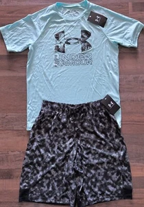 NWT Under Armour YXL Black/Light Aqua Blue/White BIG LOGO Shorts Set XL - Picture 1 of 4