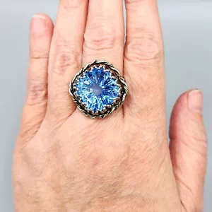 Vintage Light Blue Fancy Square Art Glass Silver Plated Brass Twist Ring - Picture 1 of 12