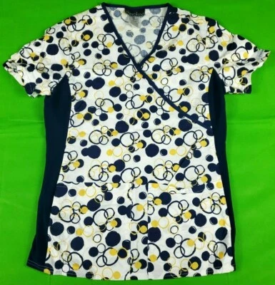 Cherokee white dark blue circle bubbles pattern women's scrub top size xs - Image 1 of 4