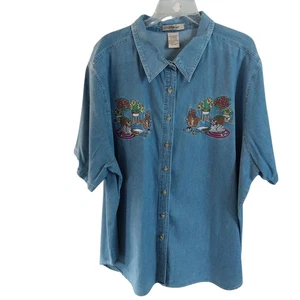 Camicia Just My Taglia 26W/28 W Denim Manica Corta Ricamo Gatto Fiori Bottoni - Foto 1 di 10