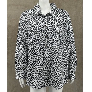 Lands End Top Womens 3X Navy White Hearts Button Up Long Sleeve Love Romantic - Picture 1 of 11