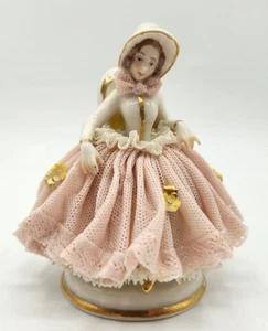 Vintage German Dresden Porcelain Lace Figurine Lady Sitting In Chair No Damage - Picture 1 of 9