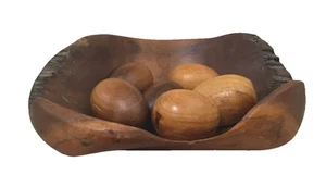 Indonesian HAND CARVED Wooden Bowl With Wooden Accessories 11 x 9 x 3.5” - Picture 1 of 7