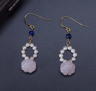 I04 Orecchini Quarzo Rosa Lapislazzuli E Perle Argento 925 Placcato Oro - Immagine 1 di 4