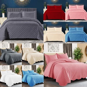 3 Piece Quilted Bedspread Embossed Bedding Set Single Double King Size Bed Throw - Picture 1 of 27