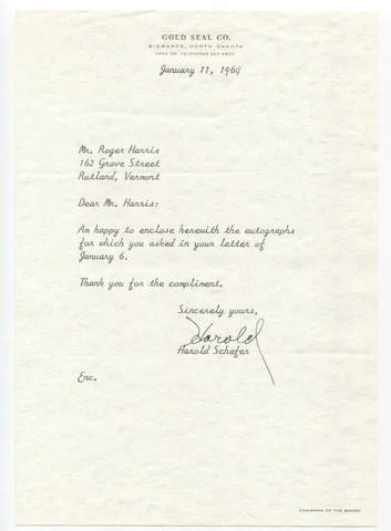Harold Schafer Signed Letter Autographed Signature Businessman Gold Seal Cover
