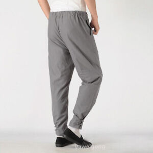 Mens Kung Fu Tai Chi Martial Arts Trousers Exercise Sport Ankle-Tied Pants Linen