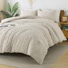 King Size Comforter Set Beige, 3 Pieces Boho Chevron Tufted Bedding Comforter Se
