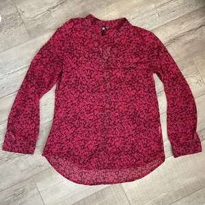 Women's Kut from the Kloth Small Burgundy Floral Button Front Top Sheer Roll Tab - Picture 1 of 7