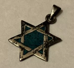 Vintage Crushed Turquoise Sterling Silver Star of David Pendant Signed Judaica - Picture 1 of 5