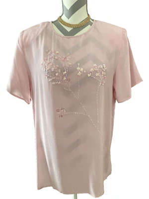 Top de mujer Diane Gilman 100 % seda adornado manga corta talla L nuevo sin etiquetas Foto 1 de 4