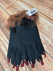 New Vintage GANZ Witch Halloween Theatrical Gloves Black Lace Long Fingernails - Picture 1 of 3