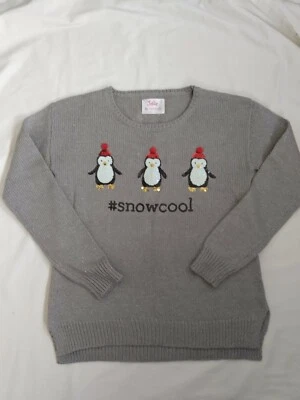 Nuevo sin etiquetas Suéter Niñas Justicia Vacaciones Navidad Gris Pingüino Lentejuelas #snowcool Talla 14 Foto 1 de 2