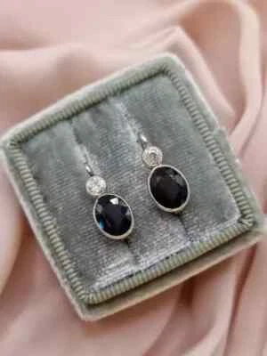 3Ct Blue Oval Lab Created Sapphire Vintage Dangle Earrings 14K White Gold Plated - Image 1 of 4