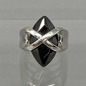 Designer Cocktail Ring Black Facet Marquise Glass Crystal Stone Silver Tone 5.75 - Picture 1 of 8