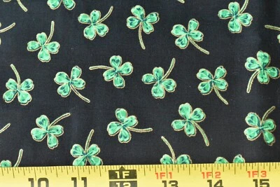 27" Long, Green & Metallic Gold Four Leaf-Clovers on Black Cotton/Shamash,P8321 - Image 1 of 4