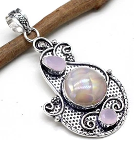 925 Sterling Silver Mother Pearl & Quartz Gemstone Handmade Jewelry Pendant S-2" - Picture 1 of 2