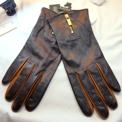 NWT Polo Ralph Lauren Women's Leather Gloves Zipper Dark Brown/Tan  XL - Image 1 of 4