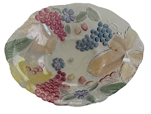 Cuenco grande de postre decorativo de vidrio ovalado con uvas, arándanos y hojas doradas - Imagen 1 de 7