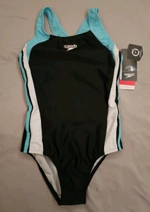 Traje de baño Speedo Infinity Splice negro y azul de una pieza para niñas talla 10 nuevo con etiquetas - Imagen 1 de 8
