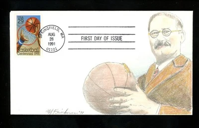 US FDC #2560 Friedman Hand Drawn HD Colored HC 1991 MA Basketball Sports - Image 1 of 3