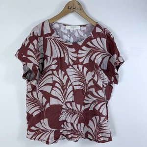 Jacqui E Size 18 Top Blouse Brown Beige Floral Linen Short Sleeve - Bild 1 von 6