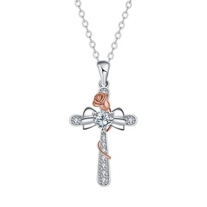 European Rose Flower CZ Corss Pendant Necklace Chain women Jewelry Silver Plated - Picture 1 of 5