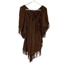 Fashion Fuse Womens Brown Fringe Short Sleeve V Neck Tunic Top Size Small