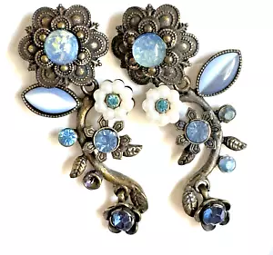 Earrings Avon Blue Rhinestones Moonstone Brass Color Floral Flowers Clip Ons 2" - Picture 1 of 11