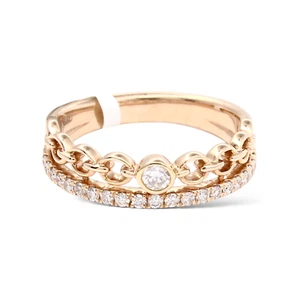 Chain Link Diamond Double Ring 0.32 CT Bezel Center & Pavé Band 14K Rose Gold - Picture 1 of 7