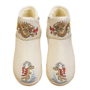 Toddler Boys Chinese Furry Lined Hanfu Shoes Dragon Embroidery Cotton Boots Warm