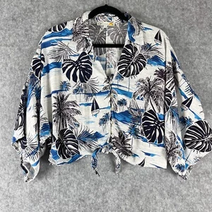 C&C California Linen Blend Top Womens Large Cropped Tie Front Tropical Hawaiian - Picture 1 of 13